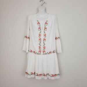Joie Floral Embroidered Dress Medium White Crinkle Drop Waist Boho Romantic